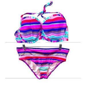 Victorias Secret Bombshell Pink Stripe 2 Piece Bikini Swimsuit 36DD Bra Top